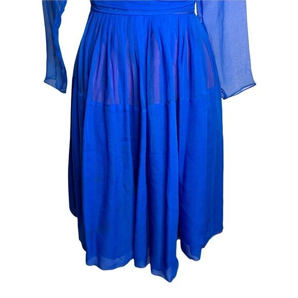 Vintage 50s Chiffon Swing Dress S Blue Long Sleeve Draped Waist Pleated TLC - Picture 3 of 10